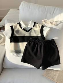 SHEIN 男婴夏季学院风可爱条纹拼接背心、白色衬衫、短裤三件套，适合生日派对、锐舞派对、晚宴、演出、婚礼、迎婴派对、洗礼、周岁生日庆祝、婚礼宾客等场合。 - 彩色 - 查看 4
