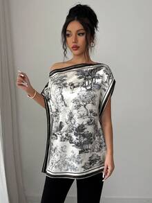 Elenzga 女士优雅水墨图案印花不对称领蝙蝠袖宽松衬衫 - 黑與白 - 查看 6