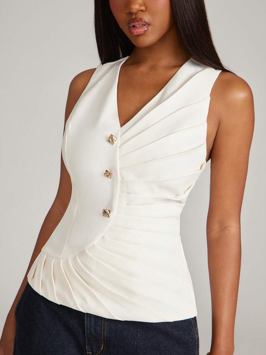 NYA SZN Áo vest xếp ly cài cúc phía trước thanh lịch cho mùa hè - trắng - Xem 1