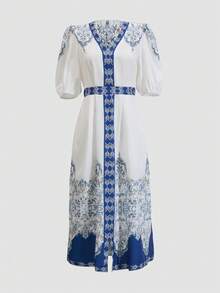 Opuloom 新款印花深V领泡泡袖收腰中长连衣裙，优雅浪漫休闲，适合日常穿着、度假、约会、派对、通勤，春夏皆宜。 - 彩色 - 查看 4