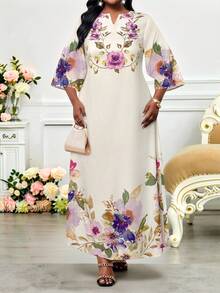SHEIN Lady Váy Maxi Nữ Họa Tiết Hoa Và Truyện Tranh Thường Ngày 2025 Mùa Xuân Và Mùa Hè Kiểu Dáng Mới Váy Cỡ Lớn - Nhiều màu - Xem 4