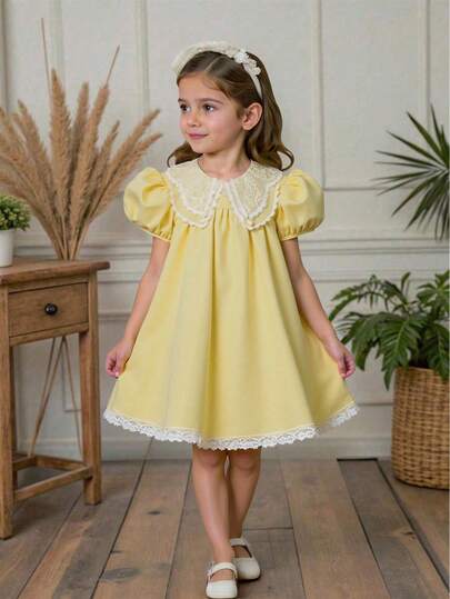 Elladie kids Vestido de niña con mangas de volantes y ribete de encaje, estilo dulce y lindo, apariencia elegante y refrescante, para el verano