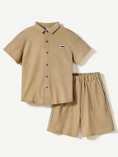 Tween Boys' Collared Twist Front Cardigan Shirt & Shorts Set, Casual School Style, Fitted Silhouette, Short Sleeve, Natural Texture Fabric, Large Pockets, Everyday Wear, Summer New Arrival