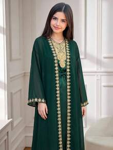 SHEIN Váy Cardigan dài không tay dệt kim chắp vá màu xanh ô liu dành cho thiếu nữ Ramadan, cổ áo bằng ruy băng vàng, bộ 2 món thường ngày - Màu xanh lá cây đậm - Xem 2