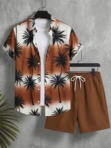 Surfspeed Men's Casual Coconut Tree Print Shirt And Shorts Beach Outfit - Brown - View 2