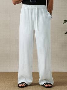 HUEFORM 男士抽绳腰带口袋直筒宽松条纹裤，适合返校季和春夏穿着 - 白色 - 查看 6