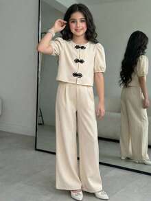 SHEIN 2pcs Girls Casual & Elegant Flutter Sleeve Round Neck Blouse And Wide Leg Pants Set - Apricot - View 2