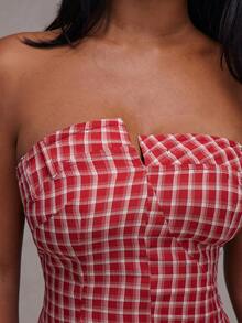 NYA SZN Dress Strapless Plaid Asymmetrical Hem Cool Girl Streetstyle Easter Club Day Brunch Casual Everyday Going Out Party Special Occasion Travel Vacation Office Siren Western Country Date Night Elegant Luxury Outfits For Women - Red and White - View 4