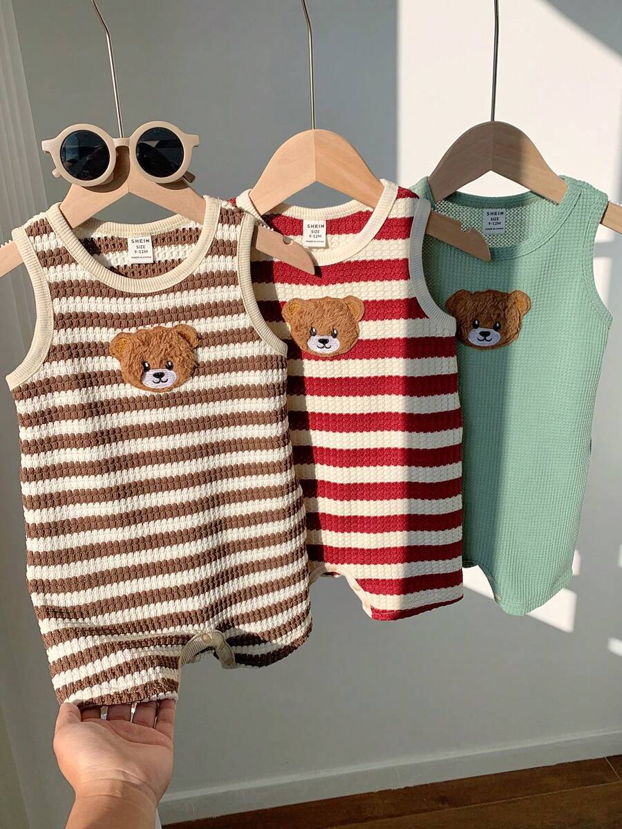 SHEIN 3pcs/Set Newborn Unisex Baby Clothes, Baby Boy & Girl Summer Cute Casual Knitted Striped Cartoon Bear Sleeveless Romper 3-Piece Set, Basic Multi-Pack - Multicolor - View 1
