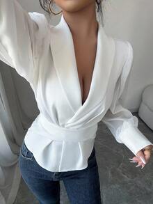 Elenzga 25 件优雅纯色领口系腰交叉带泡泡袖网眼拼布长袖衬衫，修身 - 白色 - 查看 3