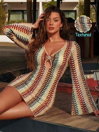 Swim Chiccia Women's Sexy Fashion Textured Mesh Fabric Front Metal Decor Sheer Cover Up, Spring/Summer