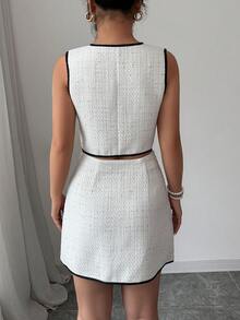 Elenzga 情人节/婚礼优雅通勤风粗花呢撞色滚边无袖上衣+双口袋半裙两件套 - 杏色 - 查看 7