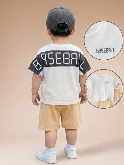 SHEIN 2pcs/Set Baby Boy Summer Casual Cute Colorblock Letter Print Loose Short Sleeve T-Shirt & Elastic Waist Shorts Set