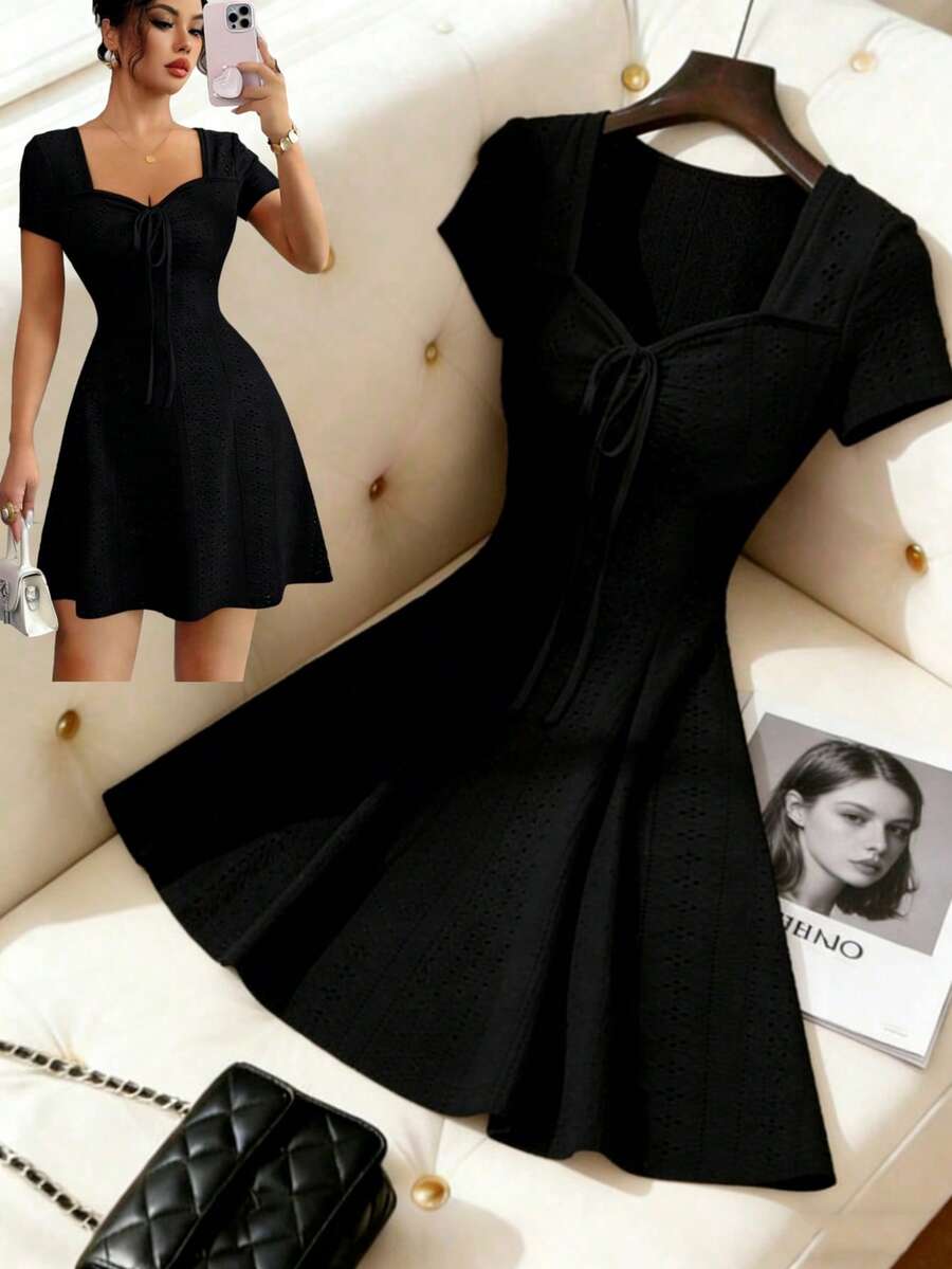 Elenzga 夏季新款针织提花性感修身蝴蝶结腰短款连衣裙，奶油黄色 - 黑色 - 查看 1