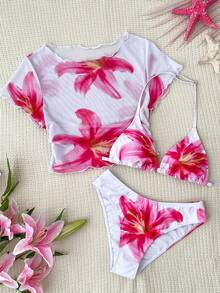 SHEIN 三件套少女碎花网纱透视T恤和吊带性感比基尼套装，夏季休闲度假沙滩休闲装，粉白碎花比基尼套装，泳裤，T恤三件套 - 彩色 - 查看 5