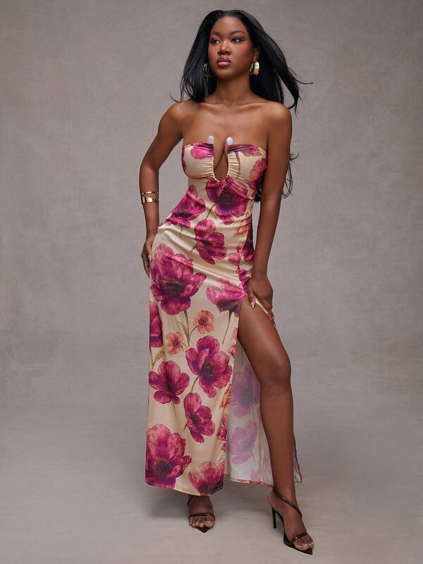NYA SZN Dress Strapless Floral Printed Satin Elegant Maxi Length Easter Club Day Brunch Casual Everyday Going Out Party Special Occasion Travel Vacation Office Siren Western Country Date Night Elegant Luxury Business Casual Event Everyday Wedding Brunch Office Gyaru Street Style Spring Summer Statement Carnival Bridal Shower Outfits For Women
