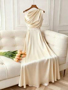 Franclia Apricot Satin Ruched One-Shoulder Dress/Waist-Cinched Elegant Gown/A-Line Long Dress - Apricot - View 3