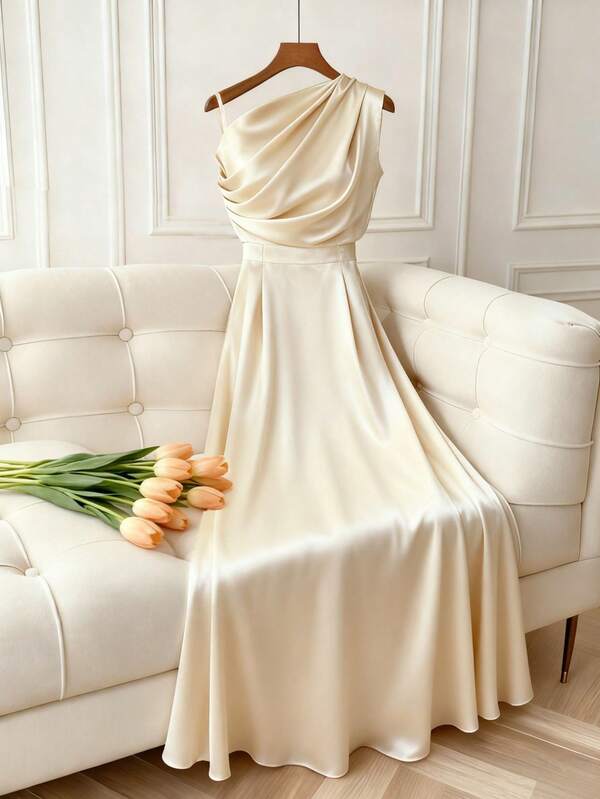Franclia Apricot Satin Ruched One-Shoulder Dress/Waist-Cinched Elegant Gown/A-Line Long Dress