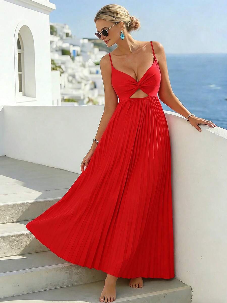 Breezaya Đầm suông thanh lịch màu trơn xếp ly xoắn, dáng suông, thích hợp cho tiệc tối, kỳ nghỉ, chụp ảnh trên bãi biển, kiểu dáng Pháp với dây đeo mảnh. - Đỏ - Xem 1