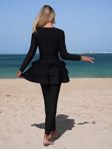 Swim Mulvari Women's Multi-Tier Ruffle Design Long Burkini Two Pieces Set, Mature Style For Beach & Resort Wear - Black - View 3