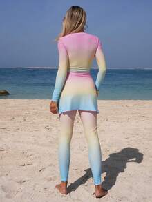 Swim Shayni Women's Ombre Print 3 Pieces Casual Beach Vacation Set,Pink And Yellow Long Sleeve Zip Up Rashguard Swimsuit,Full Coverage Swimwear,Summer Holiday - Multicolor - View 3