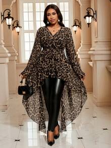 SHEIN Lady Plus Size Leopard Print V-Neck Front Short Back Long Casual Long Sleeve Shirt Winter For Women Winter Leopard Print Plus Size Cheetah Print Plus Size Animal Print Plus Size Plus Size Women Plus Size Tunic Top Christmas Christmas Winter For Women Christmas Christmas New Year New Year Thanksgiving For Women Leopard Print Cheetah Print Leopard - Brown - View 4