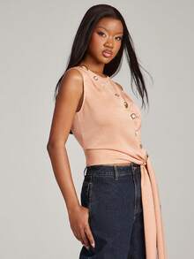 NYA SZN Top Cropped Tie Front Sleeveless Gold Button Versatile Y2k Warm Weather Outfits For Women - Pink - View 6