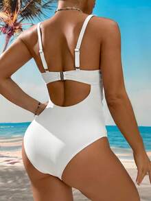 Swim DD+ Áo tắm liền thân mùa hè gợi cảm dành cho nữ, có gọng nâng ngực, xếp ly, chất liệu vải dệt họa tiết thời trang, giúp thon gọn vòng eo và bụng, kết hợp với dây đai trang trí. - trắng - Xem 2