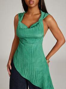 NYA SZN 女士纯色不对称下摆时尚连帽吊带上衣 - 綠色 - 查看 5