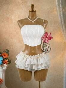 SaltGleam SaltGleam Women's Lace Faux Fishbone Bandeau Top, Sexy Music Festival Outfit White Two Piece Swimsuit Ruffle Set White Two Piece Set Women Cream Two Piece Set Two Piece White Set Bride Bachelorette Outfit Bridal Bathing Suit 2 Piece Sets Woman Vacation Outfits Women 2 Piece Set - White - View 1