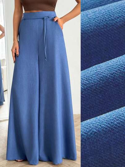 EURMUSE Damen Einfarbige Weite Bein Hose mit Taillenbindung und Taschen, elegante Urlaubshose