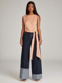 NYA SZN Top Cropped Tie Front Sleeveless Gold Button Versatile Y2k Warm Weather Outfits For Women - Pink - View 3