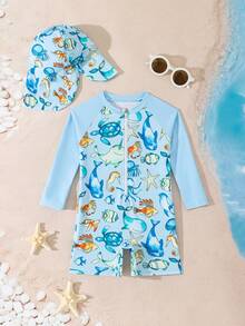 SHEIN Baby BoyLong Sleeve Swimsuit Set With Swim Cap, One-Piece Swimwear For Swimming, Beach, Pool, Water Play Baby Boy Swimsuit With Hat Baby Beach Wear Baby Boy Beach Essentials Baby Swimwear Baby Rash Guard With Hat Upf Baby Swimsuit Baby Boy Swim Rashguards Baby Beach Gear - Multicolor - View 4