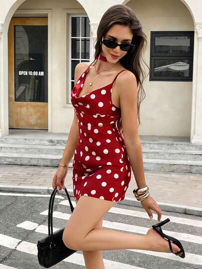 Opuloom New Spring/Summer 2-Piece Set: Polka Dot One-Shoulder Tie-Up Top With Spaghetti Straps & Asymmetric Hem, Paired With Short Skirt, Elegant Casual Outfit For Daily, Vacation, Date, Party, Commute Red Polka Dot Dress Vintage Dress Mini Dress Red Mini Dress Vintage Style Red Dress Pin Up Dress Pin Up Style Clothing Cherry Swimsuit Polka Dot Swimsuit Strawberry Swimsuit Women Polka Dot Mini Dress Pin Up Style Dress