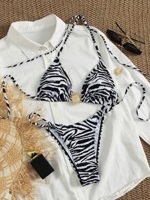 Swim SXY Summer Vacation Sexy Zebra Print Gold Accessory Halter Backless Bikini Set - Black and White - View 3