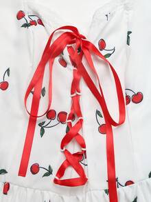 Elenzga Cherry Print Criss-Cross Tie Waist Petal Sleeve Casual Vacation Dress - White - View 3