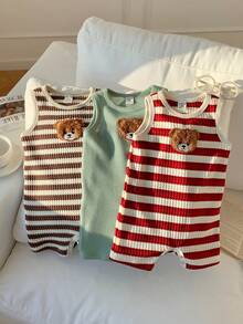 SHEIN 3pcs/Set Newborn Unisex Baby Clothes, Baby Boy & Girl Summer Cute Casual Knitted Striped Cartoon Bear Sleeveless Romper 3-Piece Set, Basic Multi-Pack - Multicolor - View 3