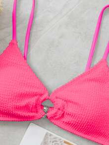 Swim Basics 女士夏季新款褶皱面料吊带圆环拼接泳衣上装 - 玫紅色 - 查看 5