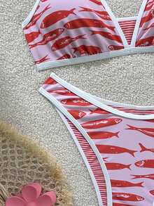 Swim Mod Women's Summer Beach Fish Print Casual Bikini And Triangle Panty Swimwear Set - Multicolor - View 3