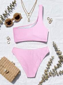 Swim Vcay Women's Summer New Crinkle Fabric One-Shoulder Low-Waist Triangle Bikini Set 2 Piece Bathing Suits For Women Summer Outfit For Women Swimwear Beach Wear Women Outfits Pink Bikini Ribbed Bikini Women Vacation Outfit Sets Women Swimsuit 2 Piece Women Summer Outfits 2 Piece Women 2 Piece Outfit Casual Women Two Piece - Pink - View 2