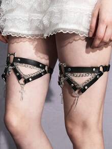ROMWE 2pcs Women's Black Crystal Spider Accessory Chain Decor Gothic Leg Garter Shorts, Versatile For Halloween & Daily Wear - Black Cat Head Spider Cross Leg Ring - View 4
