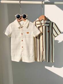 SHEIN 2件套新生儿男女通用休闲条纹Polo领短袖连体衣套装，适合生日派对、锐舞派对、晚宴、演出、婚礼、满月庆祝、洗礼和一周岁生日派对、婚礼宾客、婴儿派对等场合。 - 彩色 - 查看 3