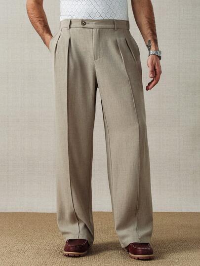 HUEFORM Men's Old Money Textured Fabrics  Relaxed Fit Wide Leg Pants, Drapey Texture, Solid Color With Pockets, Pleated, Relaxed Fit, Suitable For Fathers, Husbands, Boyfriends, Spring Mens Linen Pants Summer Breathable Slacks For Men
