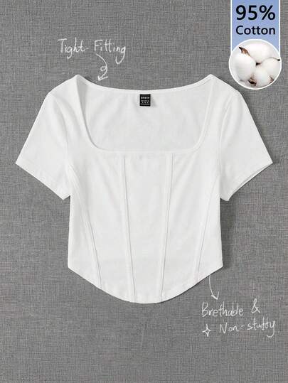 SHEIN EZwear 95%纯棉方领白色前缝T恤 - 夏季Y2K复古软妹风上衣，可爱节日穿搭，返校季，运动休闲装