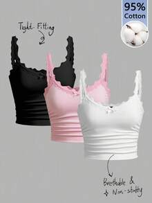 Tseoso Bộ đồ nữ 3 món gồm áo hai dây ren xếp ly, chất liệu 95% cotton - Phong cách cổ điển Y2K dễ thương, dịu dàng và thanh lịch, áo croptop không tay gợi cảm, ngọt ngào cho kỳ nghỉ xuân/hè, lễ hội miền Tây, hẹn hò, tiệc trà chiều, mặc nhà thoải mái và đi học. - Nhiều màu - Xem 1