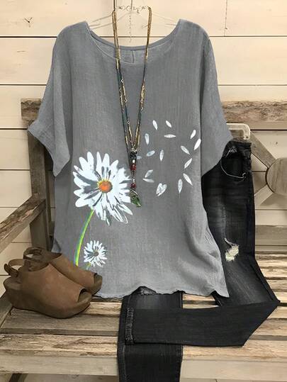 EMERY ROSE Plus Size Printed Casual Elegant Round Neck Drop Shoulder Shirt