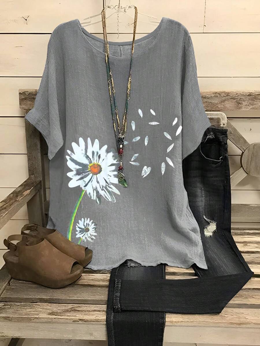 EMERY ROSE 大码印花休闲优雅圆领落肩衬衫 - 灰色 - 查看 1