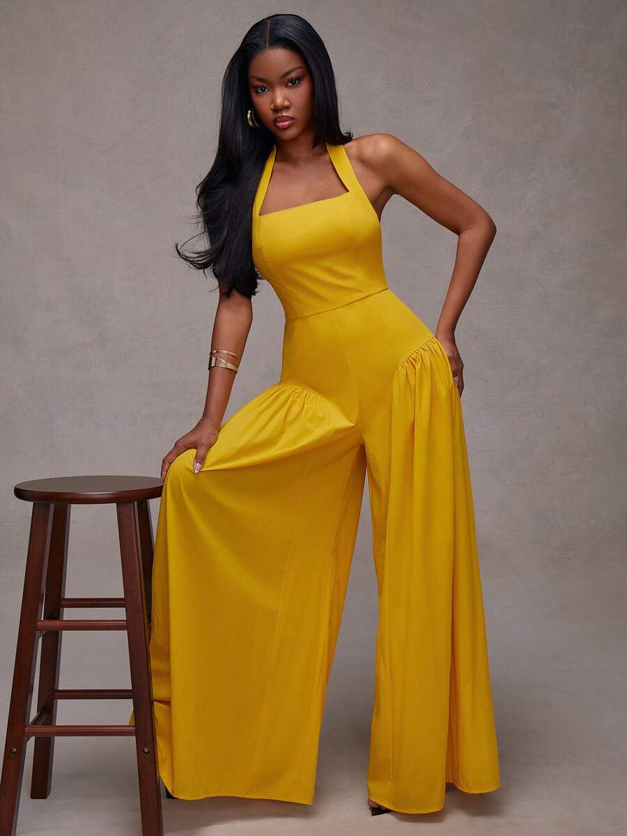NYA SZN Jumspsuit Halter Neck Wide Led Fit And Flare Baby Shower Special Event Date Night Everyday Vacation Travel Beach Spring Summer Casual Brunch Outfits For Women - Yellow - View 1