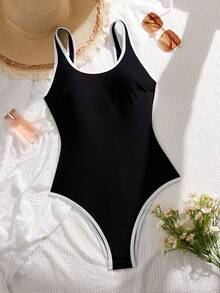 Swim SPRTY Women's Summer Beach Vacation Contrast Trim Wide Strap Backless One-Piece Swimsuit - Black and White - View 6