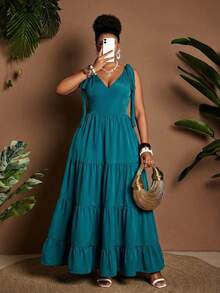 Maweii 大码女式夏季休闲连衣裙，优雅绿色沙滩度假连衣裙 - 綠色 - 查看 4